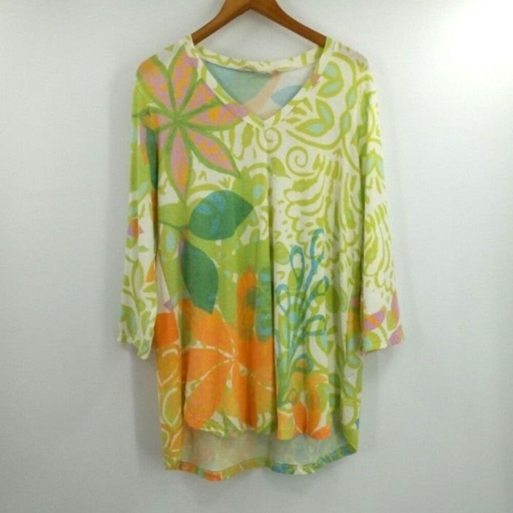 Soft Surroundings Tunic Sz XL White Tropical Botanical Print 3/4 Sleeves Stretch